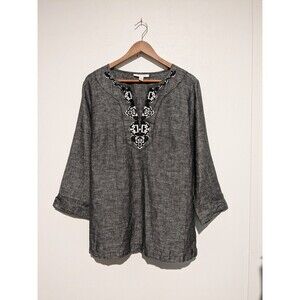 JM Collection Black Crossweave  Notch Neck Linen Tunic 14 L Embroidery L/S